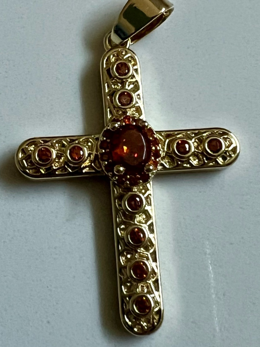 Gold Plated Cross Pendant with Orange Red Gemstones - Elegant Women's Jewelry - Picture 4 of 5